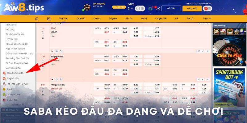 Đặt cược nhanh, cập nhật kèo theo thời gian thực sảnh SABA